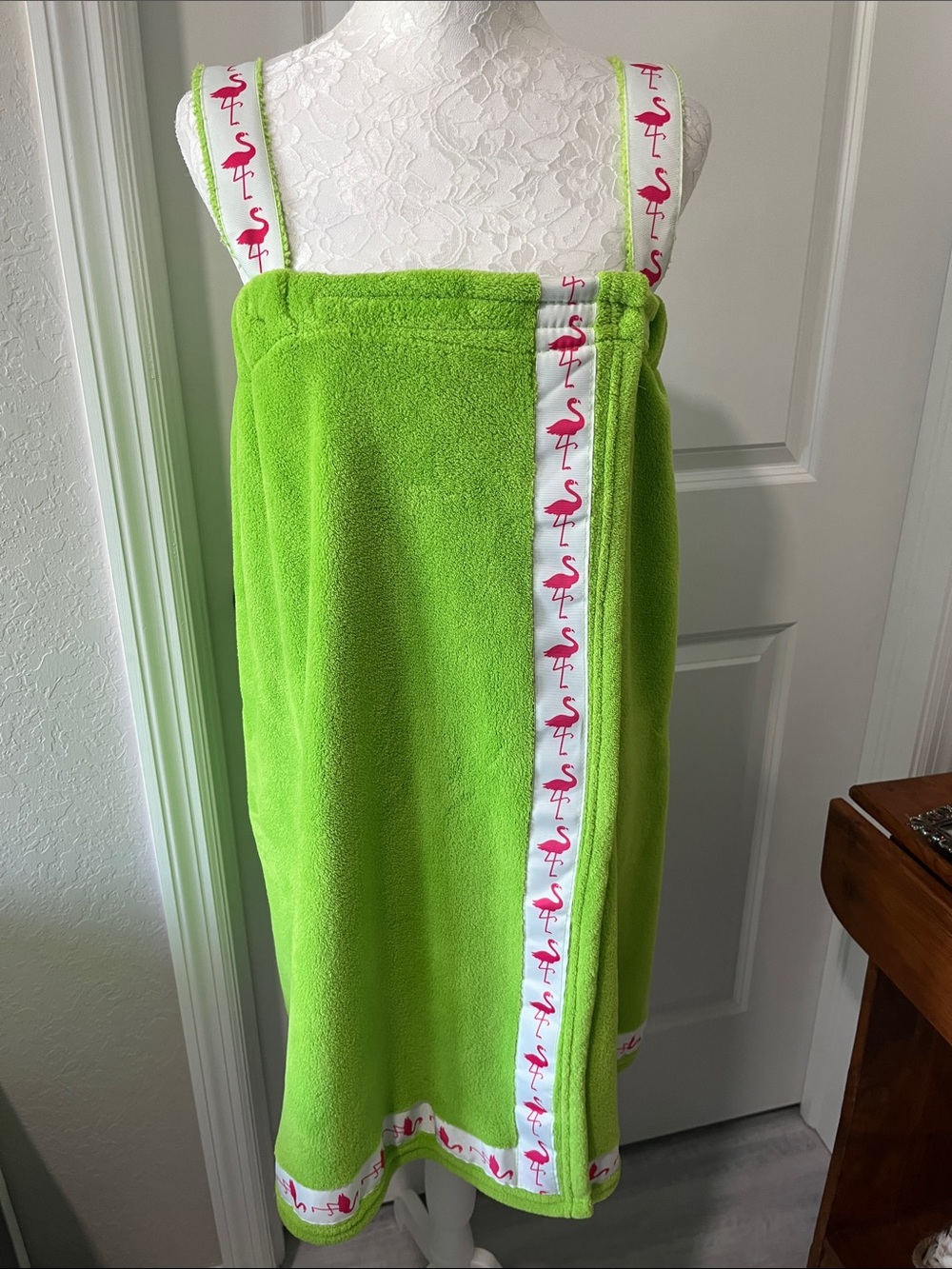 Custom Green Fluffy Terry Towel Wrap Pink Flamingo Trim Adjustable Straps OSFA